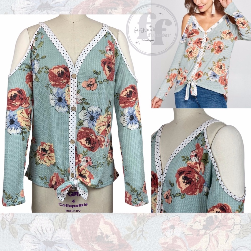 Oddi Retro Spring Floral Rose Polka Dot Teal Cutout Cold Shoulder Bow Top